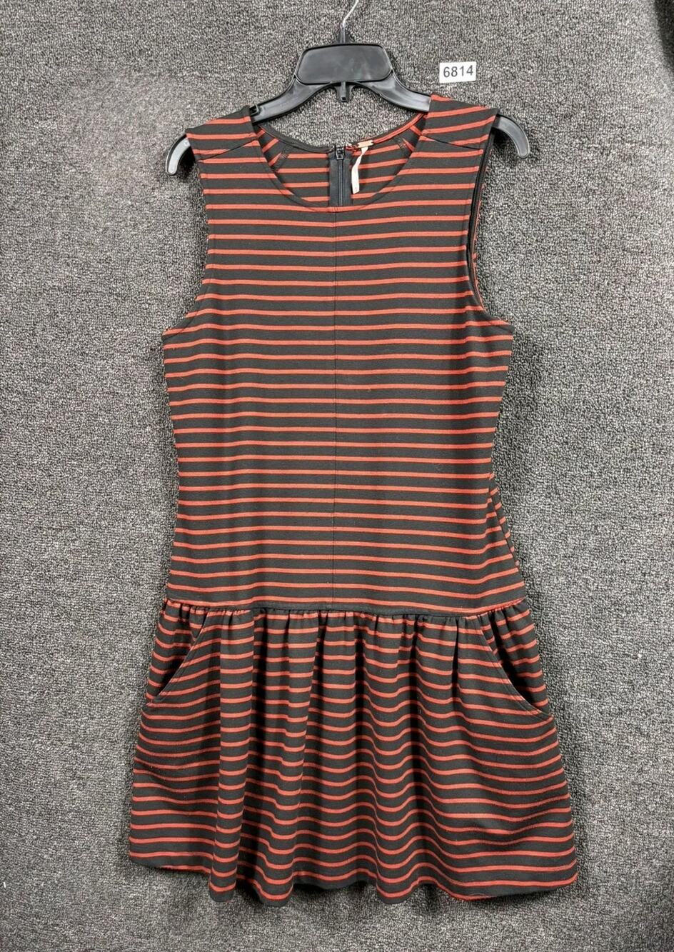 Free People Dress Size M Black Red Stripe Drop Waist Peplum Sleeveless Pockets